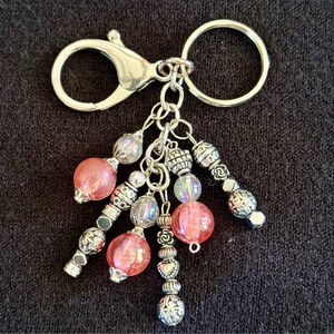 NEW Pink and Silver Beaded Crystal Bag Charm Keychain Handmade One of a Kind